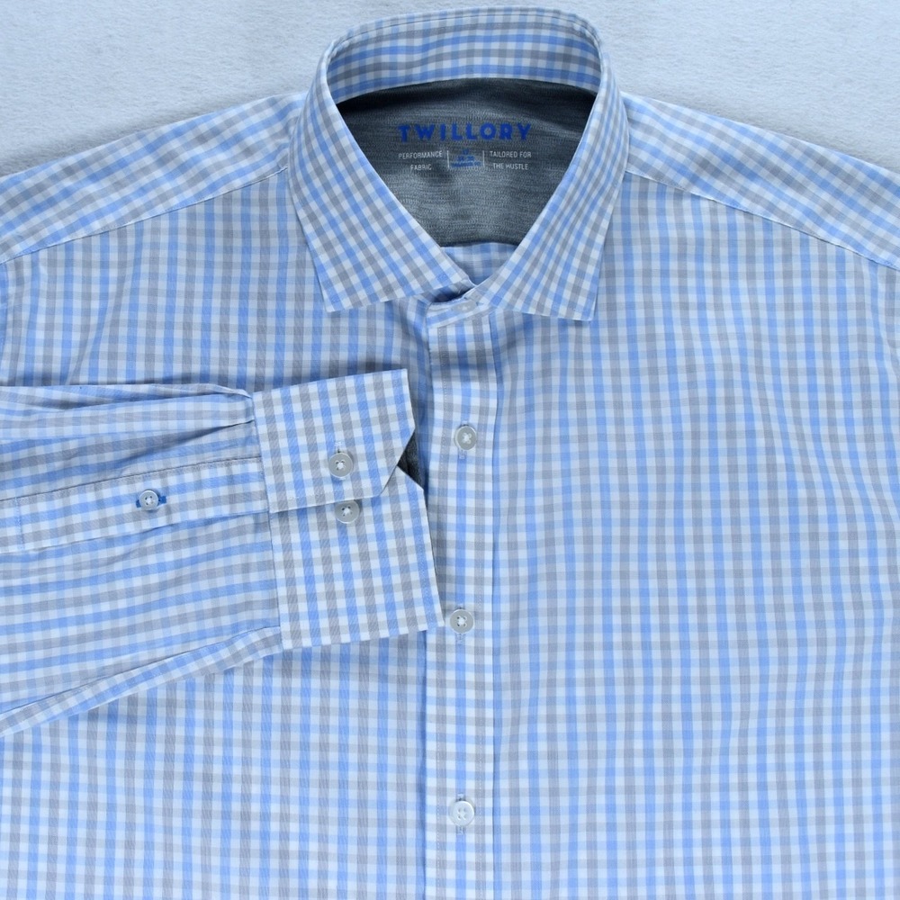 Twillory Performance Dress Shirt 17 34-35 Blue Grey Gingham Tailored Fit Mens
